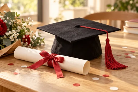 Birrete con borla roja y diploma enrollado
