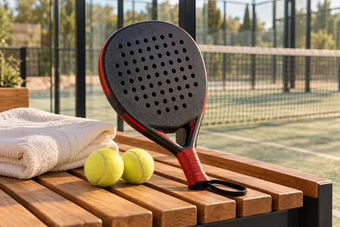 Pala perforada y pelotas junto a una pista de pádel