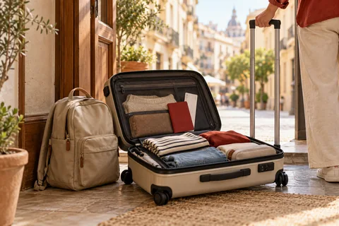 Maleta de cabina abierta y mochila listas para viajar